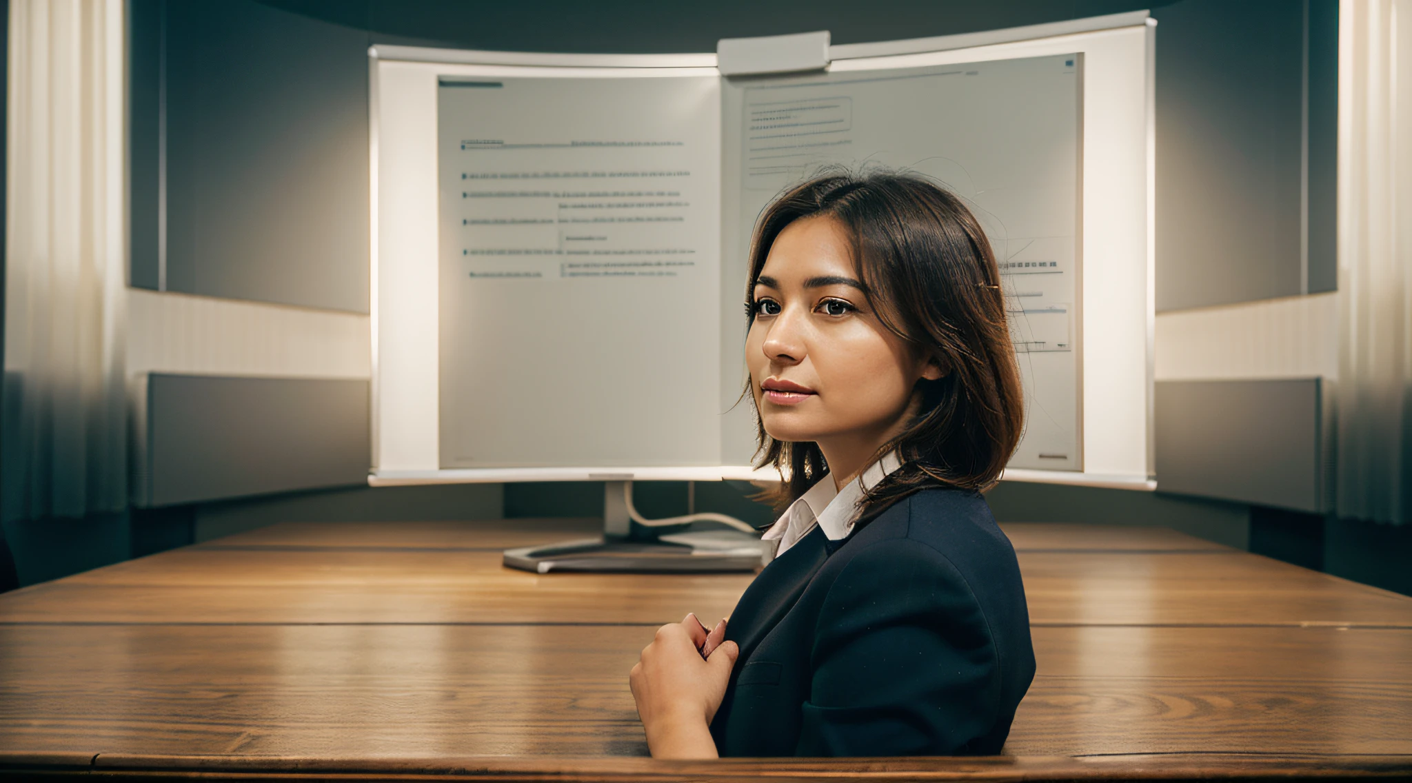 Craft an image that represents professional success and leadership that comes from wisdom and thoughtfulness. Show someone in a work environment, Making Thoughtful Decisions and Standing Out as an Effective Leader.