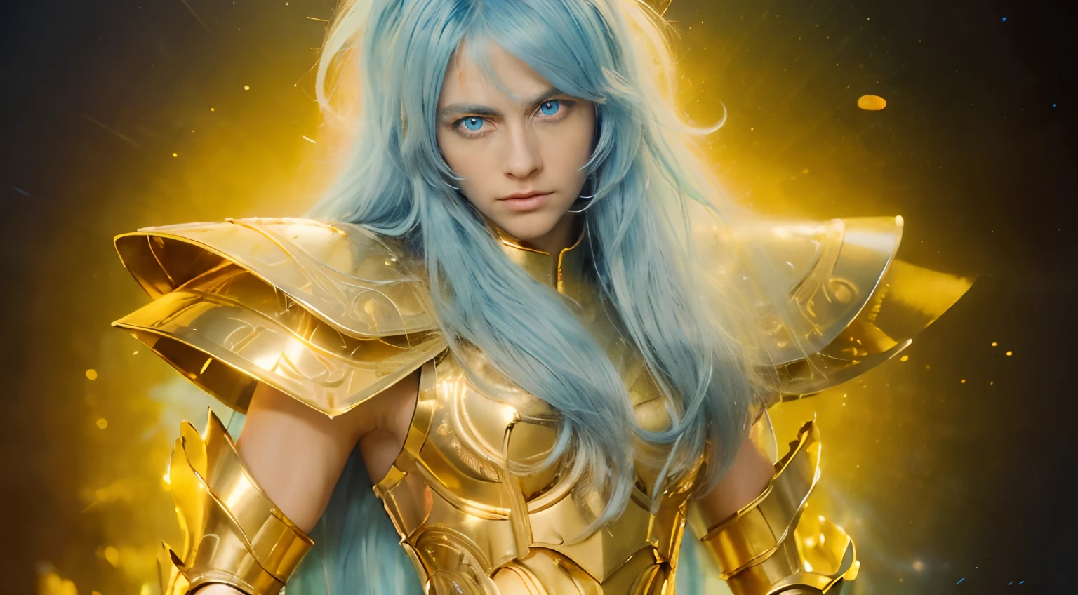 (masterpiece), (realistic) , close up portrait of a man, (male), 35 years old, Swedish, (1boy), solo, serious, looking at viewer, pretty handsome man, ((pretty big blue eyes), wearing an medieval armor, (full body armor), (golden armor), chrome gold, (detailed armor), (ornate armor), long straight light blue hair, (hair blowing in wind), (hair bangs), upper body, cosmic golden rain background, cinematic lighting, ((beardless)) ((perfect big blue eyes)). Androgynous face.