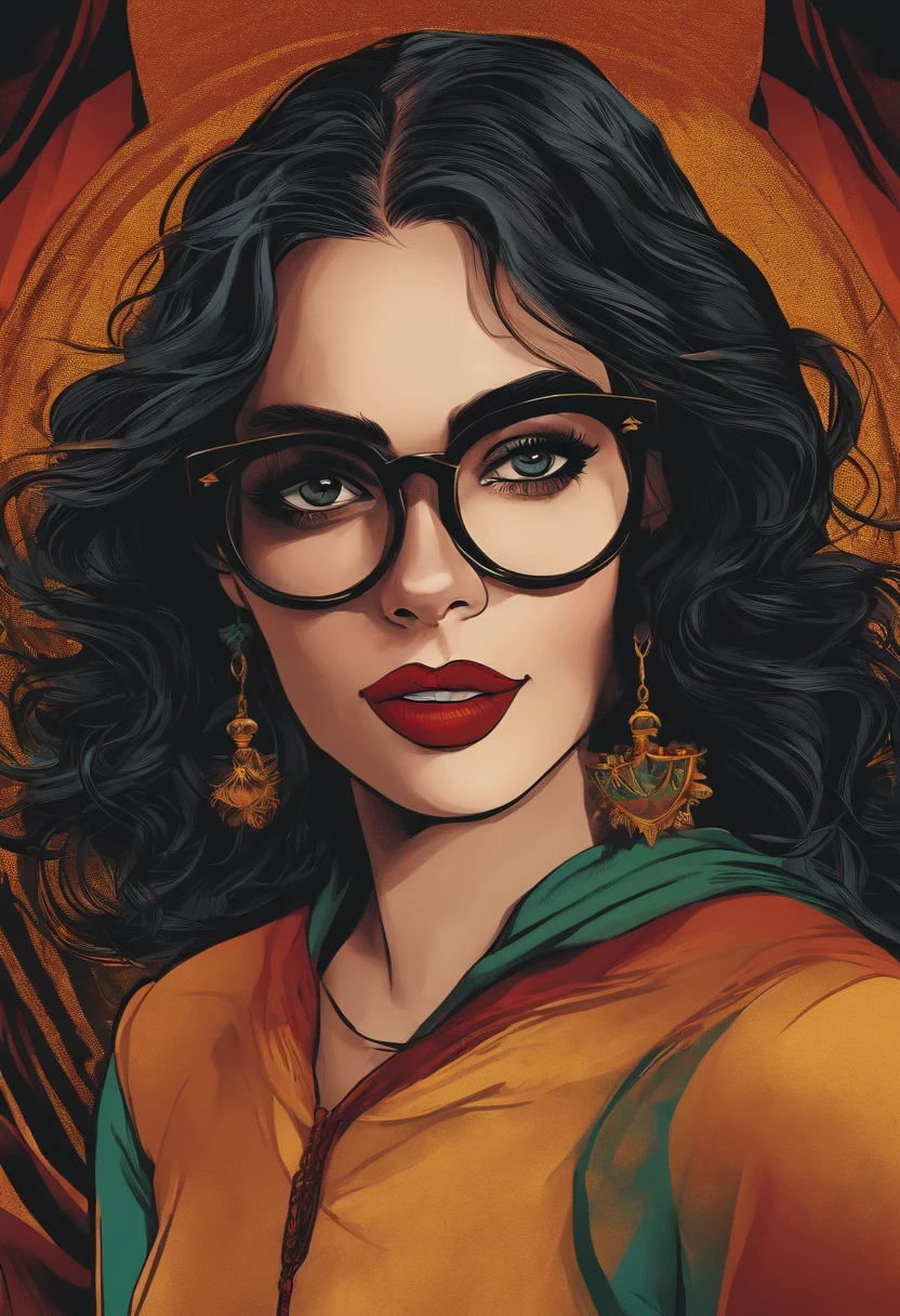 menina de franja reta em cima da sobrancelha, cabelo repicado, Black Prescription Glasses with Round Frame, sorrindo, camiseta preta da dc comics