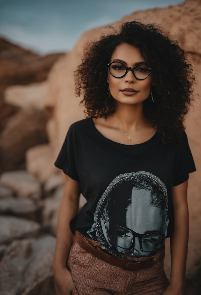 menina de franja reta em cima da sobrancelha, cabelo repicado, Black Prescription Glasses with Round Frame, sorrindo, camiseta preta da dc comics