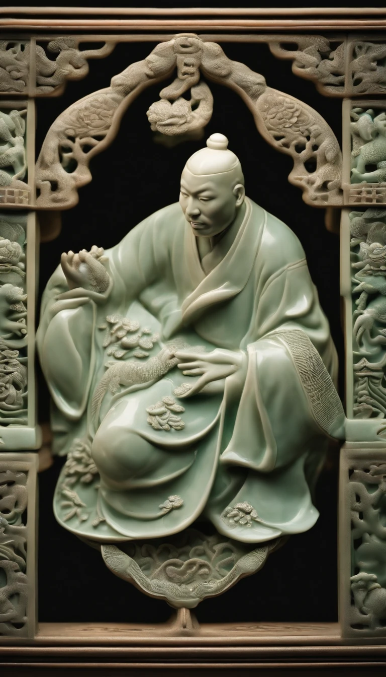 Celadon texture Michael Jordan，man smooth shiny porcelain skin，chinaware，Ancient Chinese embroidery style relief，Doubleexposure，Delayed exposure，Side lighting，Three-dimensional feeling，