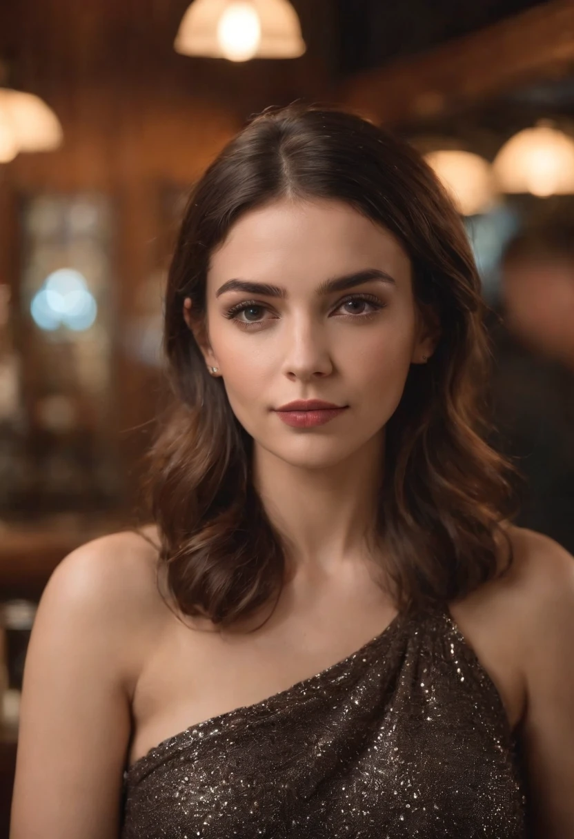 mulher loira, 25 anos, roupa curta, Realistic, sentado em um bar, Ansioso, Realistic, 4k, disco Rigido.