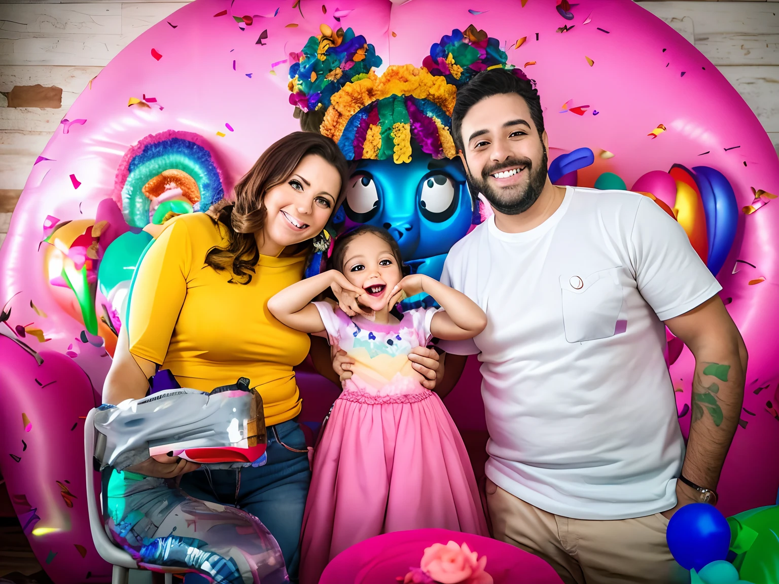 There are two people and a child posing for a photo, 5 anos, at a birthday party, ele tem 3 5 anos, ela tem cerca de 2 a 5 anos de idade, birthday party, Alarcon Cartunista, Foto tirada com Canon 5D, Lorena Avarez, Alanis Guillen, 3 5 year brazilian mother, pano de fundo