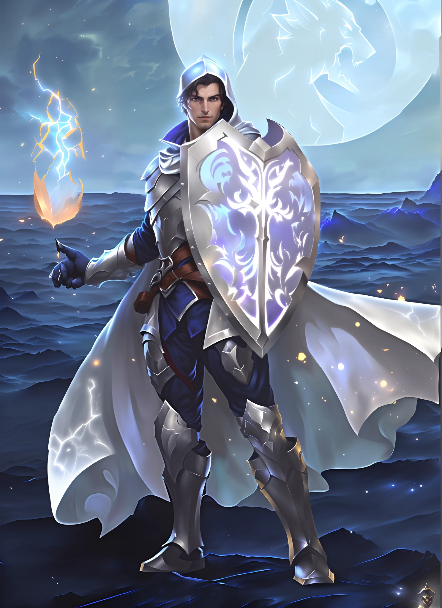 there is an arcane handsome man in light ethereal battle armor with a hood, holding a shield and casting an arcane spell, Full-length portrait of the magic knight, a human male paladin, Arsen Lupine as a paladin, cleric, dnd, epic, rpg, fantasy, hero hd 4k, warrior of light and twilight