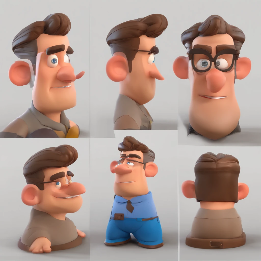 Criar um personagem no estilo Pixar. Trata-se de um homem de 30 anos, com barba, Branco, com cabelos castanhos curtos e um quiff, e olhos castanhos. Ele deve estar na frente de um computador, Trabalhar como designer