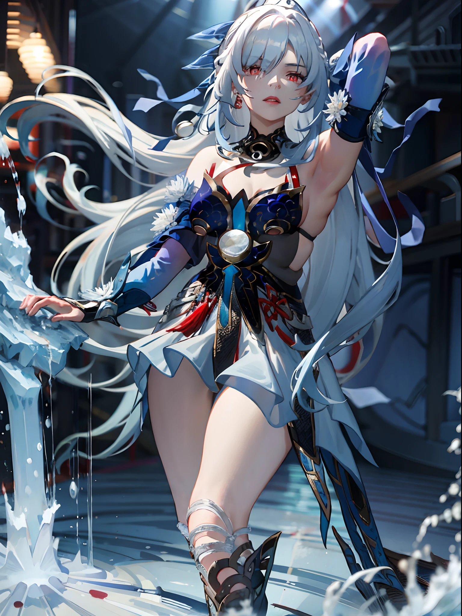 light blue hair tied up , red eyes, Luxurious dress, white lipstick, ballet, Masterpiece, hiquality