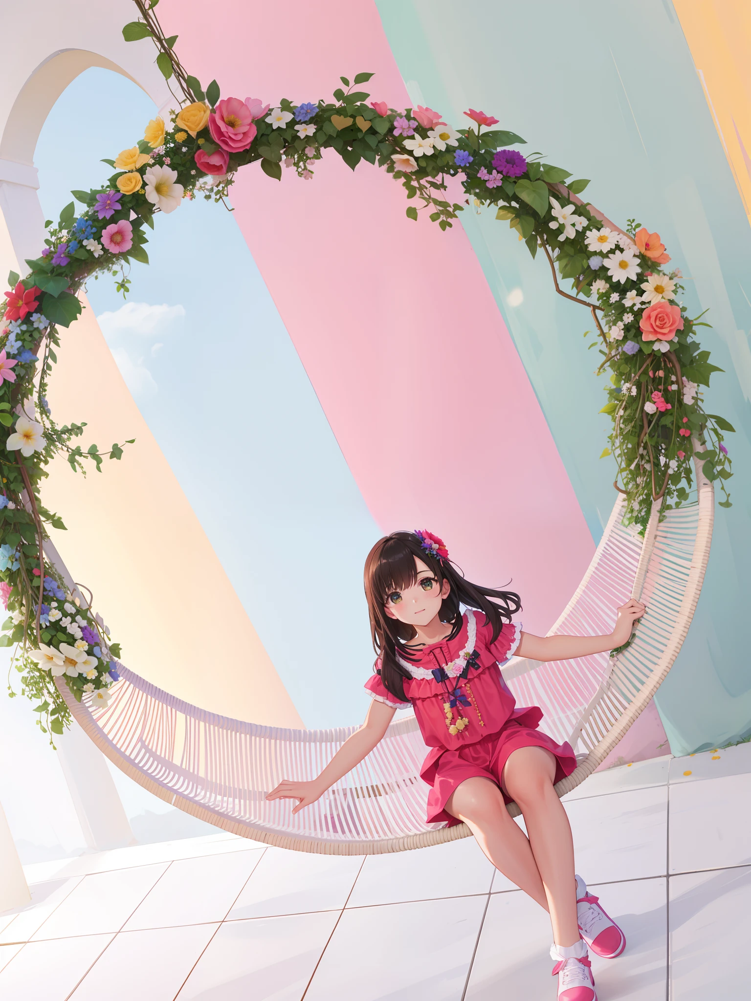 Arafed girl sitting on a swing with flowers and greenery, Rainbow botanical scenery, sentado com flores, divertindo-se, menina nas flores, menina em um leito de flores, portal feito de rosas, flower child, Tomado com Sony Alpha 9, envolto em cabos e flores, Tirada com Canon EOS 5 D Mark IV, arcos cor-de-rosa, Foto tirada com Canon 5D