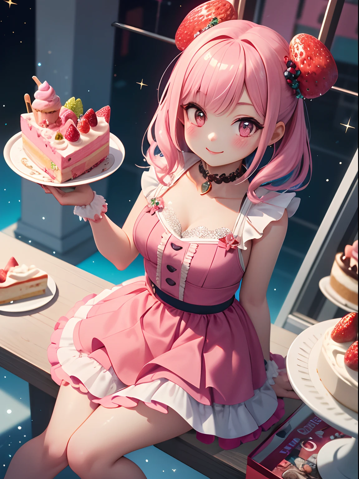 (((masterpiece))),best quality, beautiful detailed fashion magazine style, pink hair girl wearing pastel decora fashion, intricate illustration, ice cream, sweets, shimmer, iridescent, light particles, cake, strawberries, fruits, dynamic angle, pink theme, glossy, shiny clothes, frills, 8k, smile, 3d, 3dmm