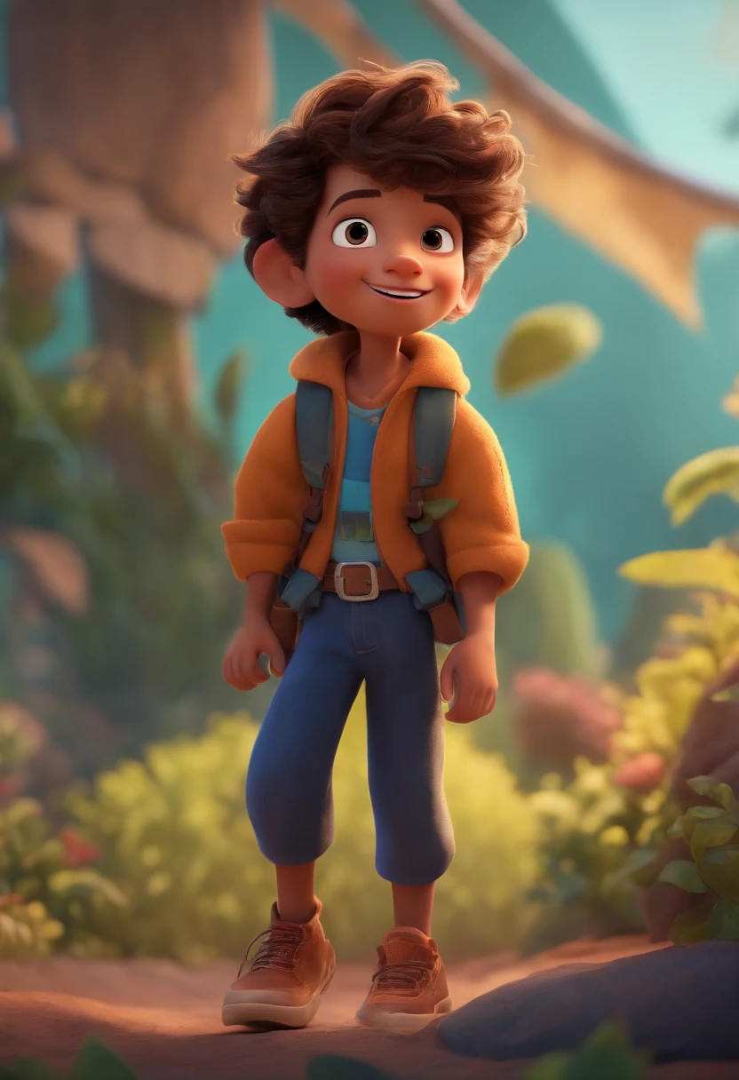 Image of a boy for a story in a YouTube video in Pixar format, He's the  allabester, He's the class leader, He's outgoing, Playful and gets up for a lot of things, cabelo curto