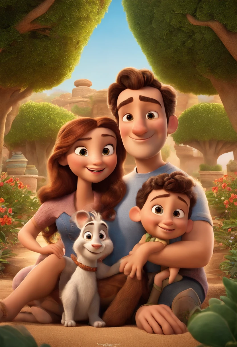 a Disney Pixar movie poster showing a white-skinned family. The father is the tallest, Tem barba curta, loiro, cabelos curtos e espinhosos. The mother has brown eyes and hair, shoulder-length and is slightly overweight. A tem 4 anos e cabelos castanhos, roupa rosa e rabos de cavalo. The background is a beach garden. 3D-rendering