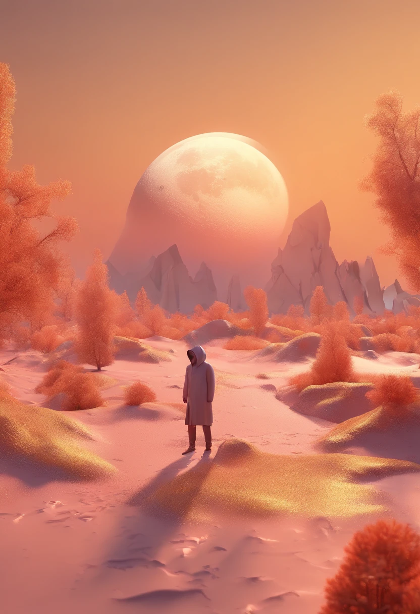 Paisagem surreal com um brilho lunar, featuring a hooded silhouette with faceless features. The silhouette is highlighted with glyphs and bright symbols, enfatizado pelo grande capuz e longas garras do personagem.