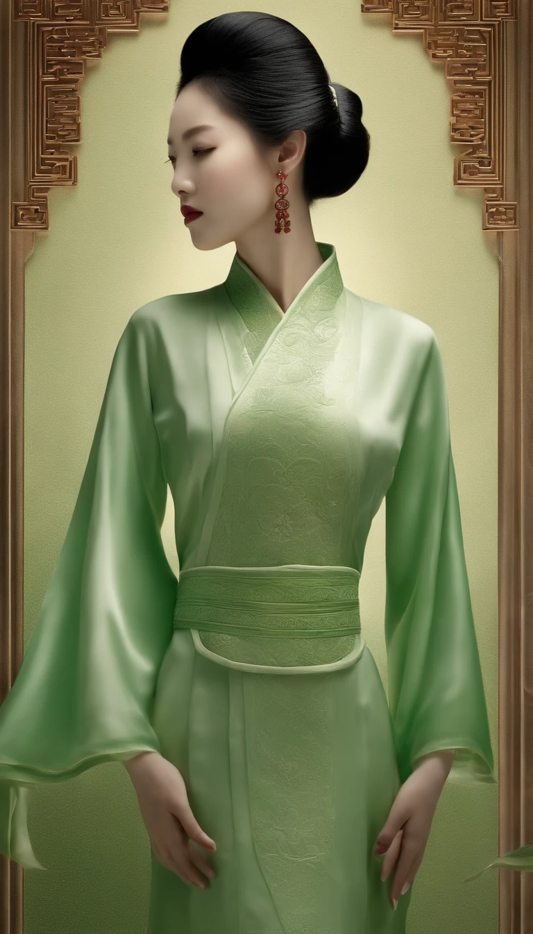 Celadon texture girl,Girl smooth shiny porcelain skin,chinaware,Ancient Chinese embroidery style relief,Doubleexposure,Delayed exposure,Side lighting,Three-dimensional feeling, light Green jade color tone
