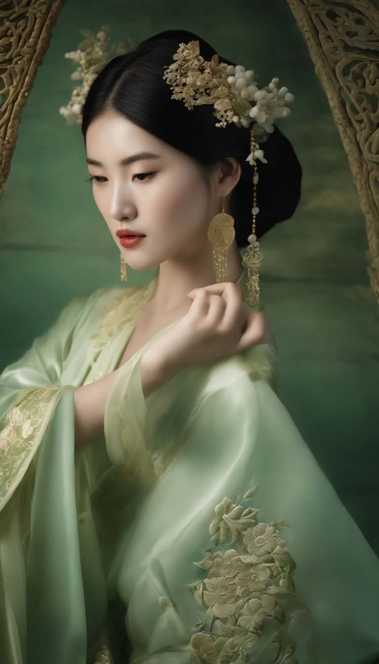 Celadon texture girl，Girl smooth shiny porcelain skin，chinaware，Ancient Chinese embroidery style relief，Doubleexposure，Delayed exposure，Side lighting，Three-dimensional feeling, light Green jade color tone