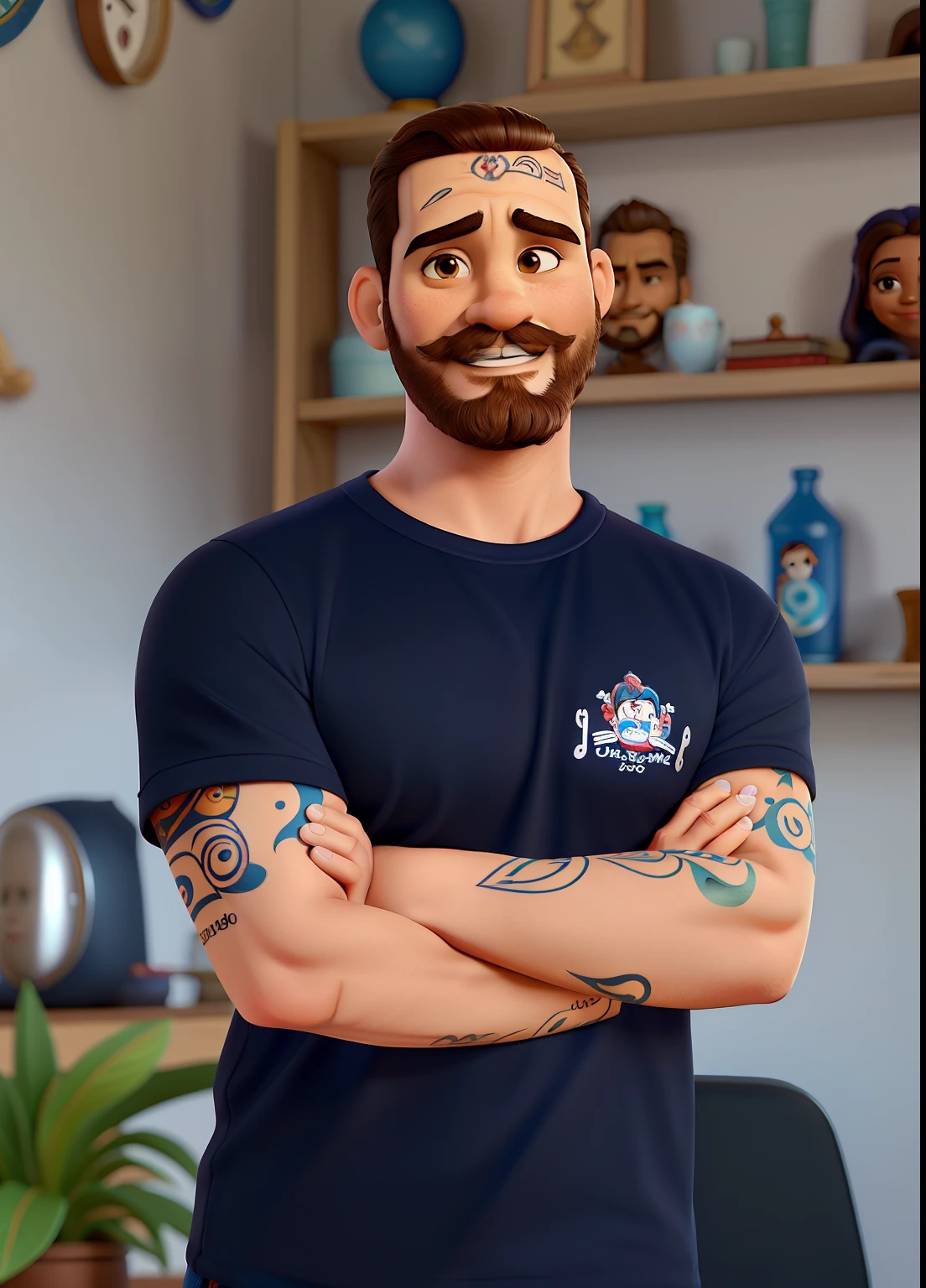 Personagem da Disney, de pele clara, cabelo loiro escuro amarrado, Tattoo on arm and with crossed arms. Na face pouca barba e mais bigode, com leve sorriso no rosto e camiseta toda preta com uma mandala no canto