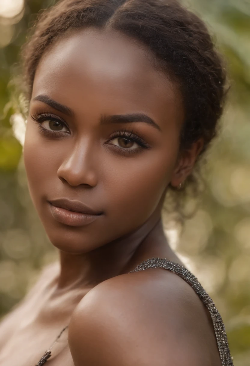 ((African dark skin, very deep ebony skin)),A beautiful African  in a stylish fashion posed seductively , with her book placed in front of her, gazing confidently into the book. The image is meticulously rendered in stunning high definition, capturing every detail with lifelike realism Lost in the rhythm of the waves and the world of words. Tomorrow, the story unfolds. big breasts, no clothes, large nipples, age 50