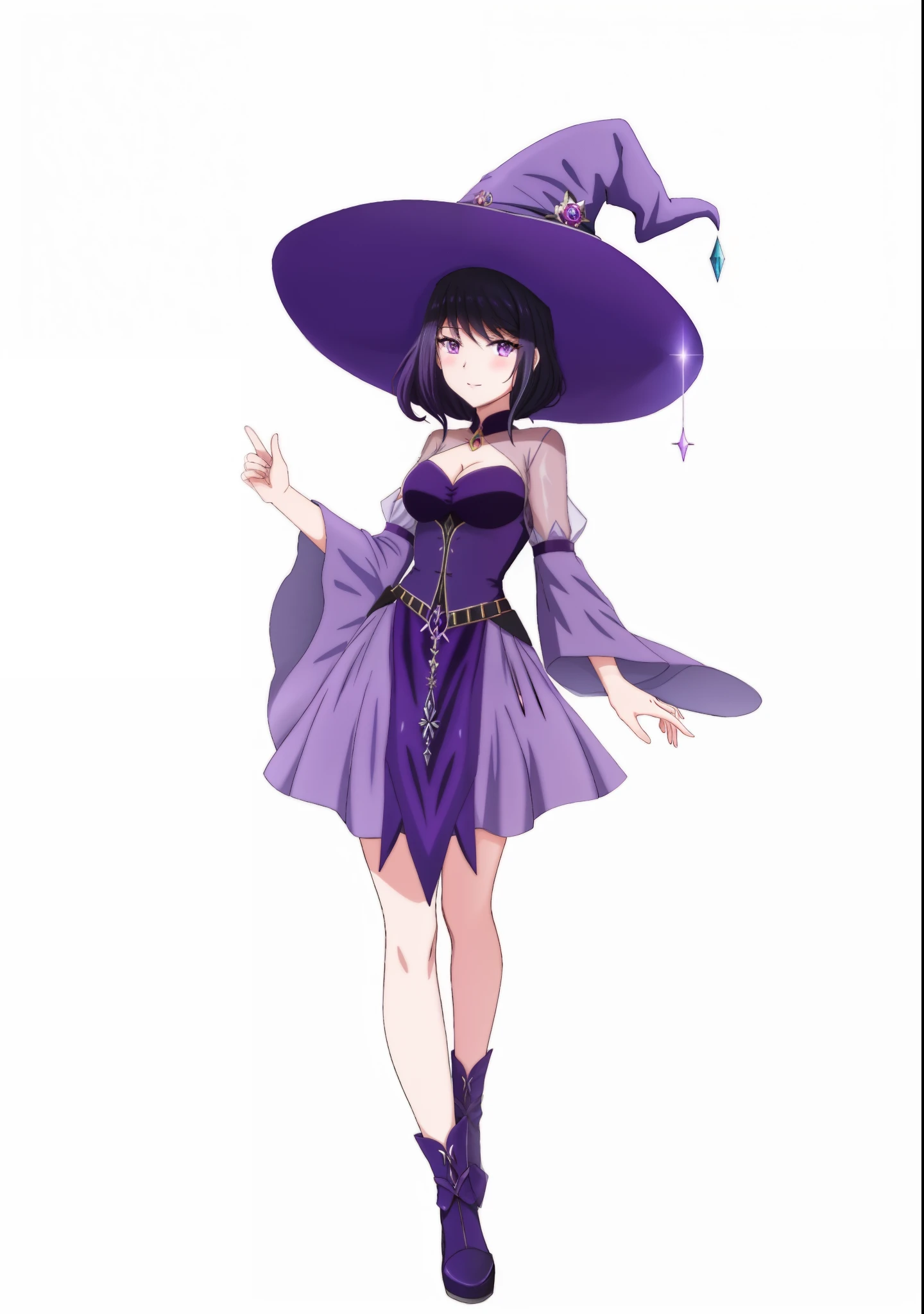 A closeup of a cartoon of a woman in a purple dress and hat, bruxa escura da moda, Roupas de bruxa astral, Preto - Mago Cabelo, menina bruxa, supervillain sorceress witch, bruxa brilhante, feiticeira bonita, personagem bruxa escura, beautiful witch female, Witchy, classical witch, roupas de bruxa, magia de elenco de bruxa de anime de paquera