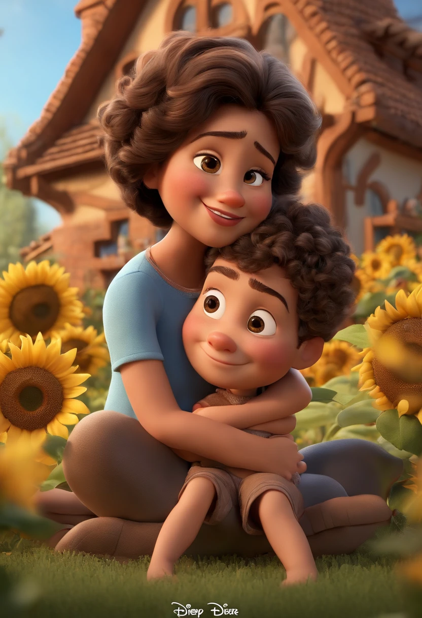 Create a Disney PIXAR-style 3D poster. ((centro da imagem, dois s)), ((2Children)) ((1 boy on lap and 1 boy next to the woman's leg They're hugging each other, O meninoele marrom clara e cabelos castanhos escuro escuros e olhos castanhos escuros, 1 menino tem para, dark, medium-brown eyes, curly hair, s)) ((tudo isso no estilo Disney PIXAR 3D, In the background, A house of sunflowers, Gloria Studio, The garden is full of nature 3D render RTX clay material, estilo de design cartunesco, POP Mart, soft lighting, linhas suaves, Spring tilt, Detailed illustrations of PIXAR 3D, Detalhes hiper-realistas, cor quente no estilo Disney PIXAR 3D))