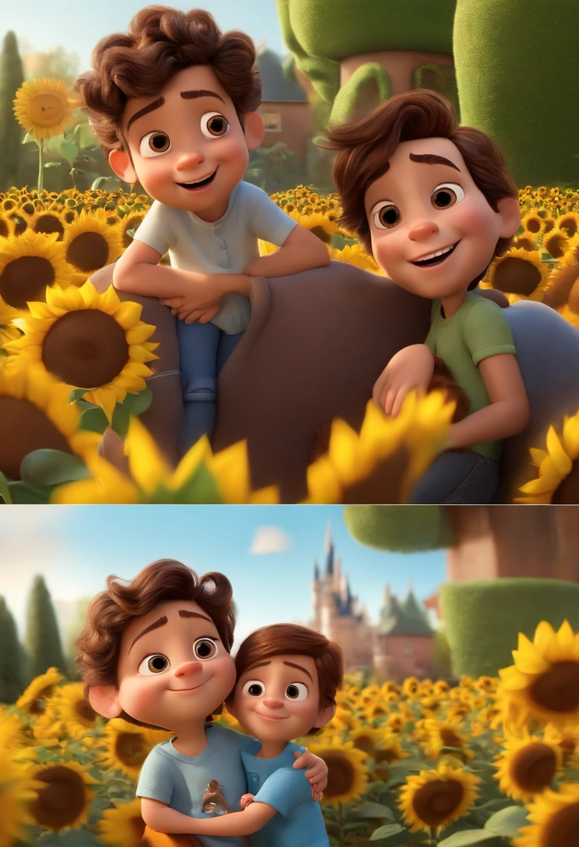 Create a Disney PIXAR-style 3D poster. ((centro da imagem, dois meninos)), ((2Children)) ((1 boy on lap and 1 boy next to the woman's leg They're hugging each other, O menino tem pele marrom clara e cabelos castanhos escuro escuros e olhos castanhos escuros, 1 menino tem pele clara, dark, medium-brown eyes, curly hair, s)) ((tudo isso no estilo Disney PIXAR 3D, In the background, A house of sunflowers, Gloria Studio, The garden is full of nature 3D render RTX clay material, estilo de design cartunesco, POP Mart, soft lighting, linhas suaves, Spring tilt, Detailed illustrations of PIXAR 3D, Detalhes hiper-realistas, cor quente no estilo Disney PIXAR 3D))