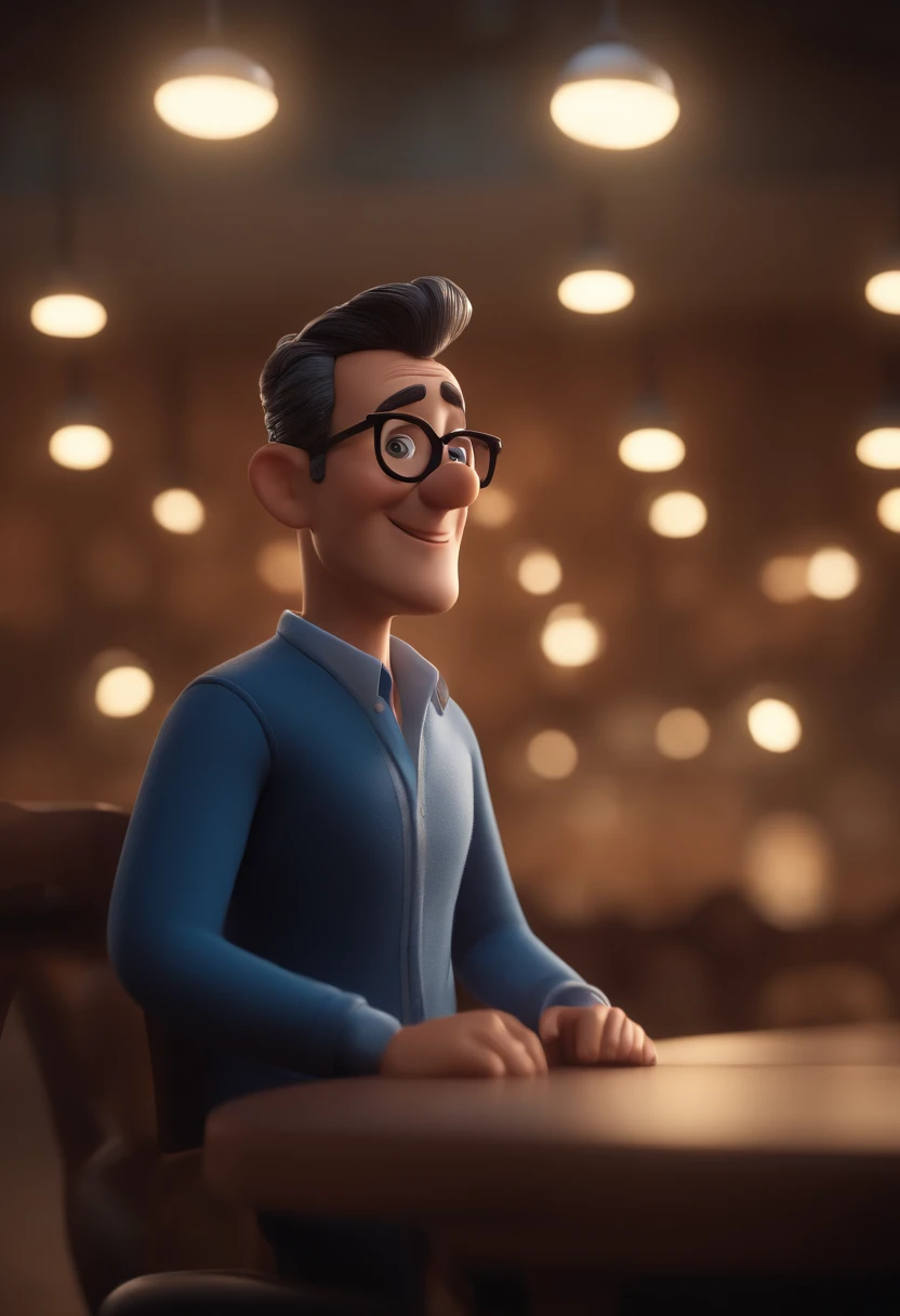 Cartoon character of a man with black glasses and a blue shirt, animation character, Caractere estilizado, animation style rendering, 3D estilizado, Arnold Maya render, 3 d render stylized, toon render keyshot, Personagem 3D, Personagem 3D, 3d rendering stylized, 3 d character render, personagem de desenho animado, Personagem de close up, Pose de personagem, (Estilo Pixar) (master part:1.2) (Bokeh) (best quality) (pele detalhada) (textura detalhada) (8k) (argila) (Cinematic lighting) (foco nítido