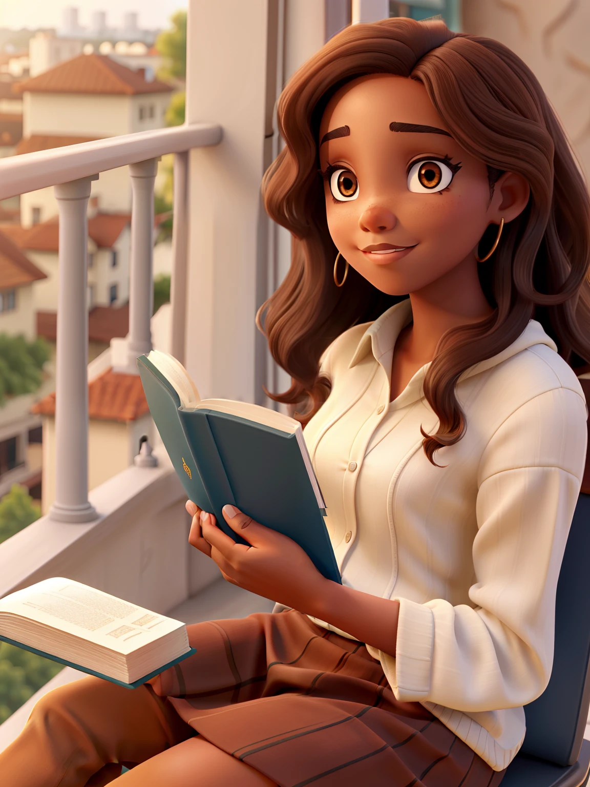 A beautiful young black woman with medium wavy brown hair sitting reading a book on the balcony