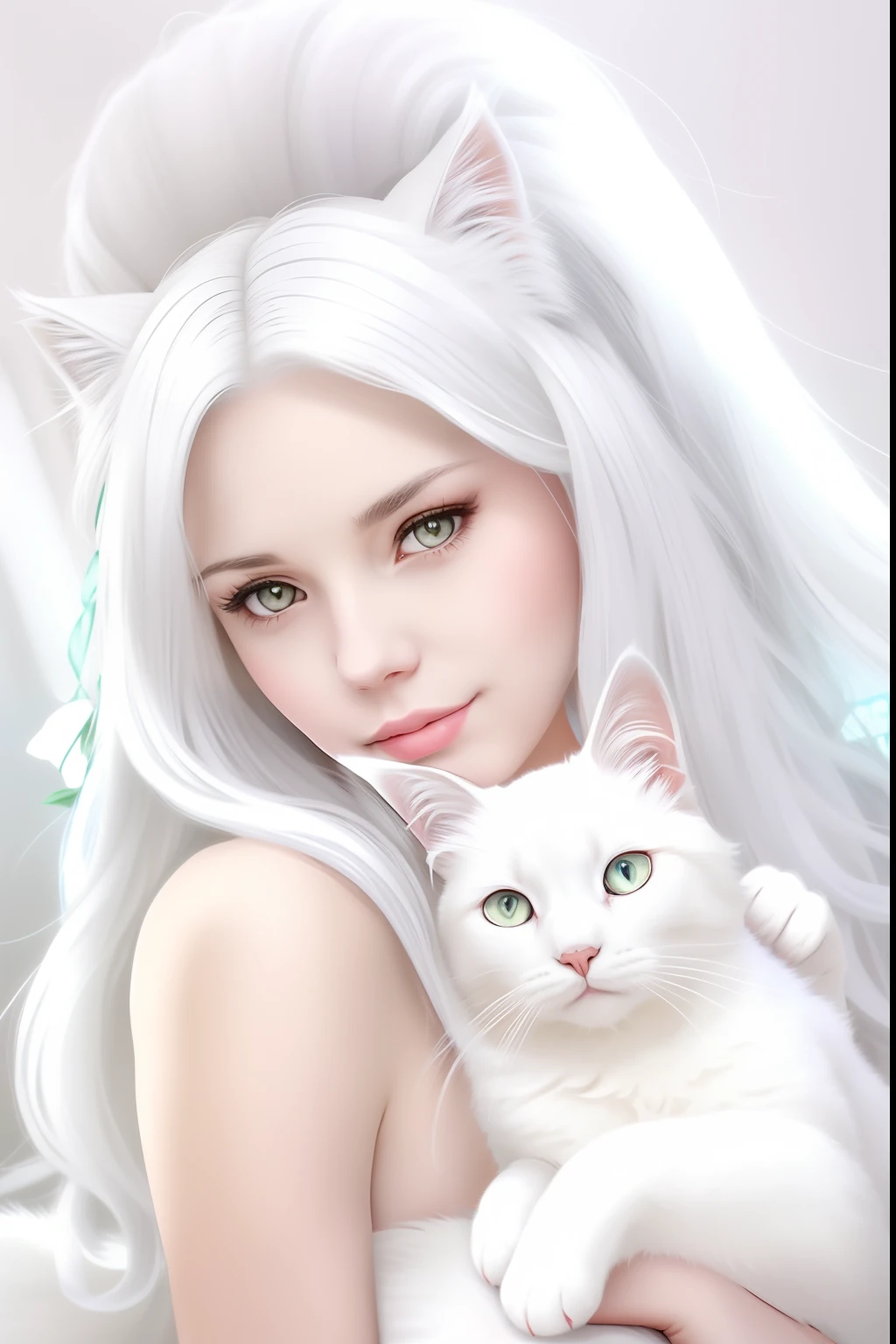 There is a woman with white hair, Holding a white cat, white cat girl, very beautiful cute catgirl, attractive cat girl, White ( cat ) Girl, beautiful young catgirl, perfect white haired girl, white haired, with long gray hair, White cat, with white long hair, White-haired, White beautiful hair, white colored hair, The woman / Feline hybrid