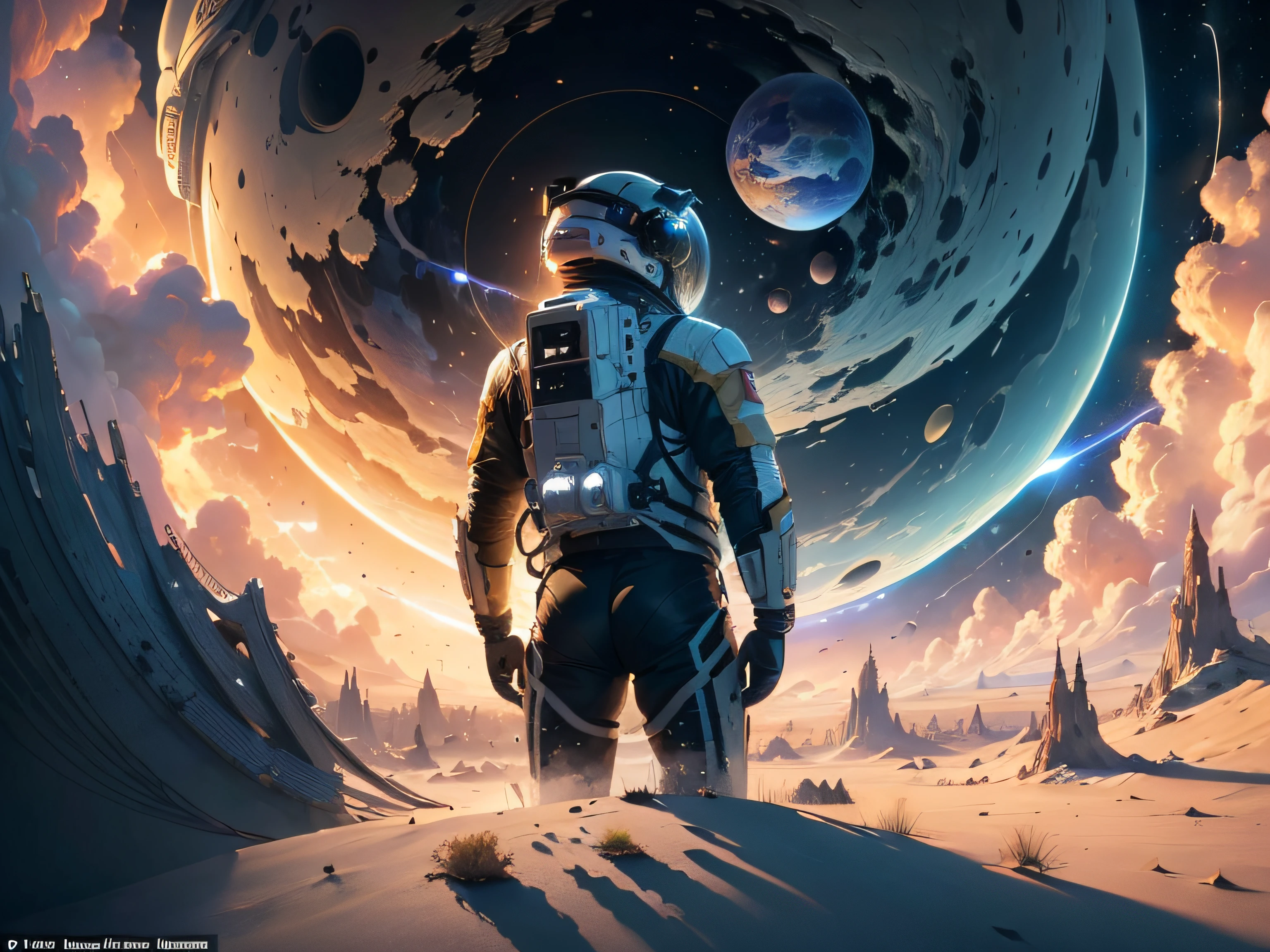 ((Masterpiece)), (Best Quality)), 8K, high detail, hyper-detail, the painting depicts a scene of breathtaking magnificent spatial images. The picture shows a man wearing a spacesuit, facing back, looking at another glowing planet in space. The scenes are extremely detailed and the clarity is extraordinary, capturing every intricate detail of the panorama.