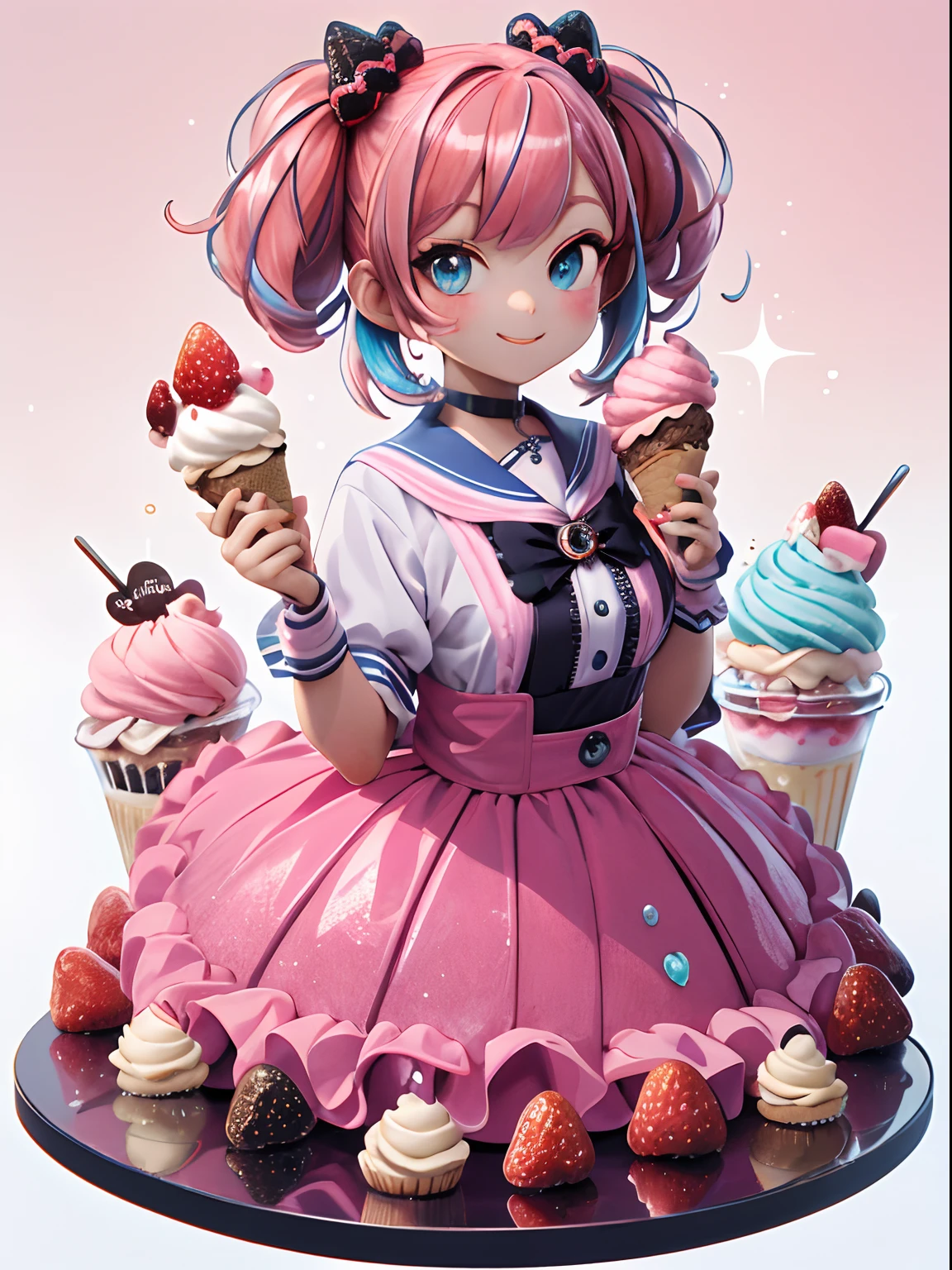 (((masterpiece))),best quality, [(white background:1.5)::5], (isometric:1.1), beautiful detailed fashion magazine style, pink hair girl wearing pastel decora fashion, intricate illustration, ice cream, sweets, shimmer, iridescent, light particles, cake, strawberries, fruits, dynamic angle, pink theme, glossy, shiny clothes, frills, 8k, smile, 3d, 3dmm