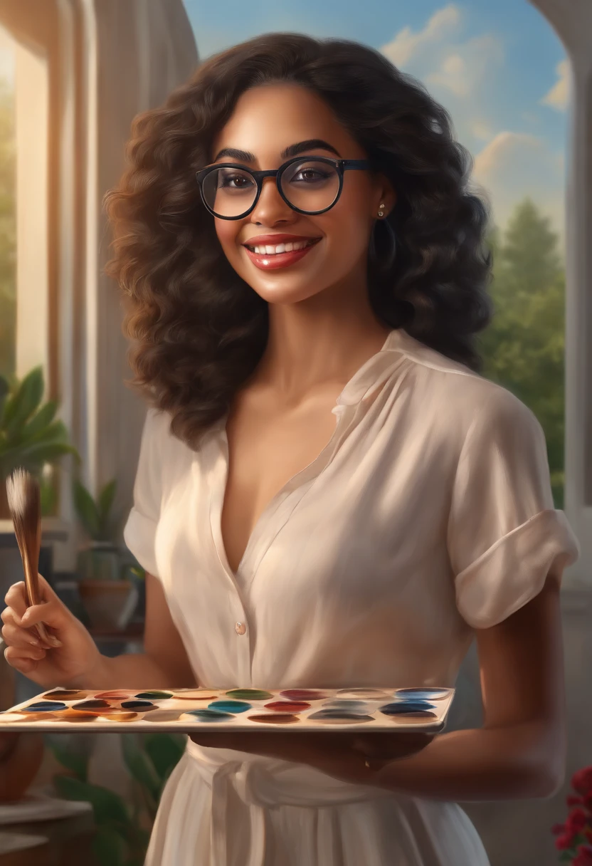 (best quality,4k,8k,highres,masterpiece:1.2),ultra-detailed,(realistic,photorealistic,photo-realistic:1.37),a young, talented artist, black wavy hair, expressive big round glasses, beautiful smile, slender, with black wavy hair, expressive big round glasses, beautiful smile. The artist is holding a paintbrush and palette, ready to create a masterpiece. The setting is a well-lit art studio with large windows, allowing natural light to pour in. The walls are adorned with colorful artwork, showcasing the artist's talent and creativity. The artist is surrounded by various art supplies, including paints, brushes, and canvases. The colors in the artwork are vibrant and vivid, creating a visually stunning composition. The artist's confident and focused expression reflects her passion for art. The atmosphere is filled with creativity, with the artist's imagination flowing freely. The scene is captured in high resolution, showcasing the intricate details of the artist's features and the artwork she is working on. The overall tone of the image is warm and inviting, enhancing the artistic ambiance of the studio.