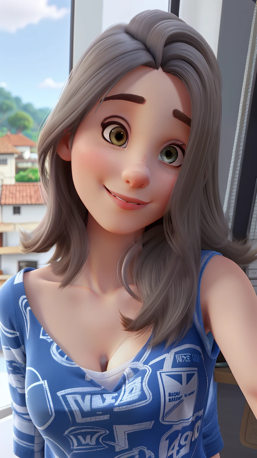 Beautiful woman, 40 anos, cabelo castanho liso, olhos castanhos escuros, vestindo uma camiseta com um gato desenhado nela