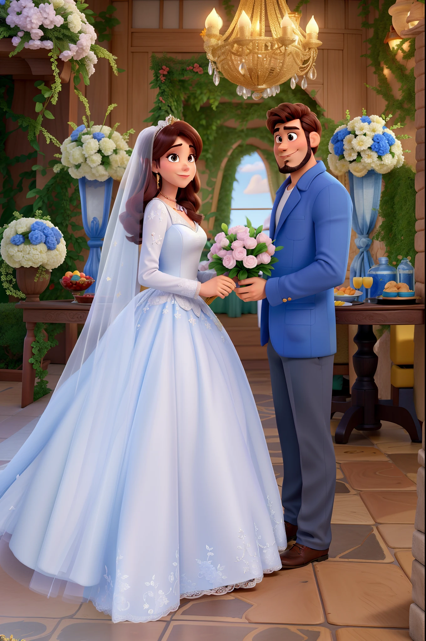 casal homem e mulher no estilo Disney Pixar, alta qualidade, melhor qualidade, casamento, melhorar a barba, de corpo inteiro
