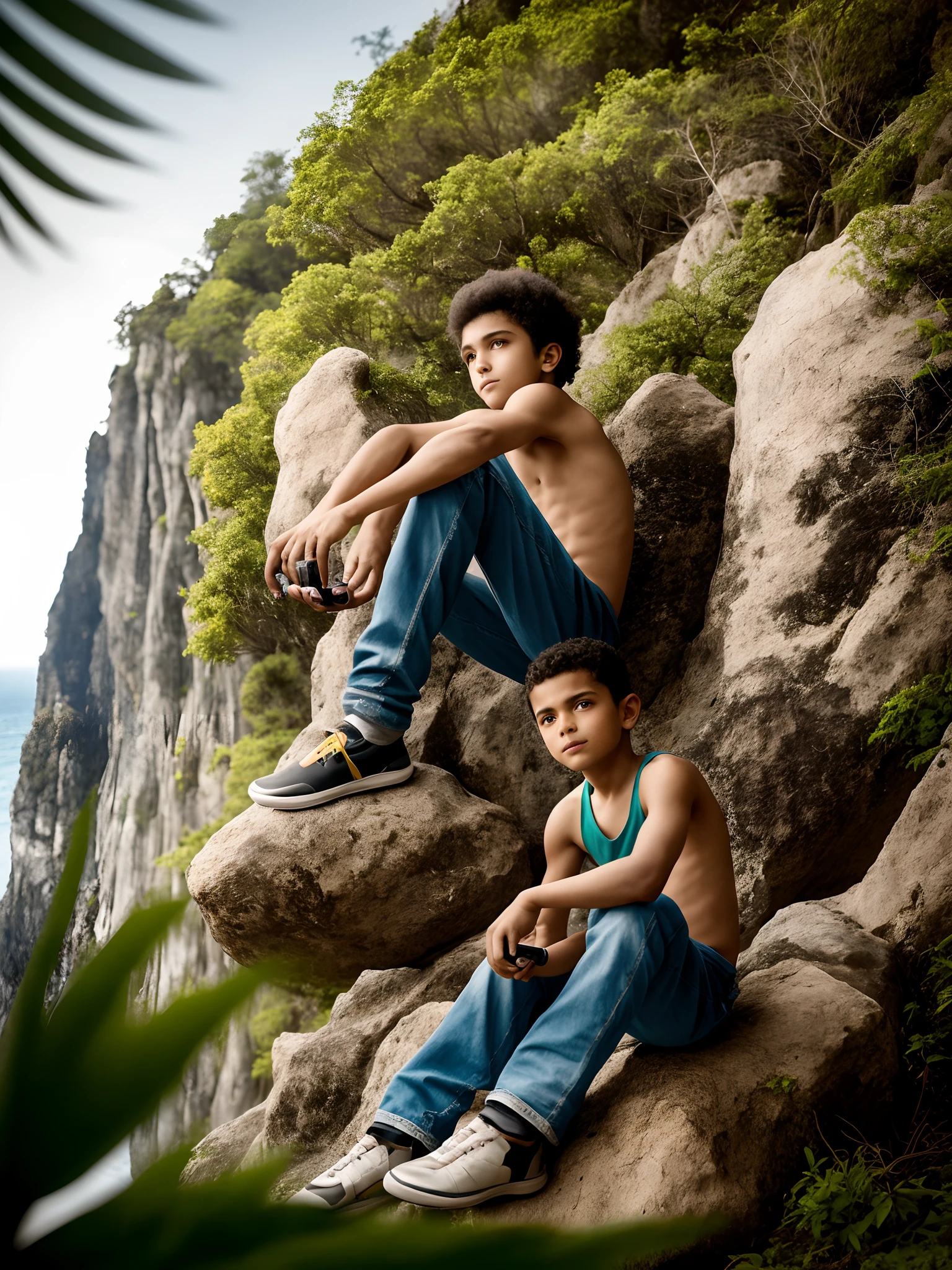 There's a boy sitting on a rock with a remote control, divertindo-se, mateus 9 5, caio santos, an artistic pose, edu souza, imagem de qualidade muito baixa, bonito, Riyahd Cassiem, Directed by: Willian Murai, Directed by: Nandor Soldier, quatro anos, assumindo o controle enquanto sorri