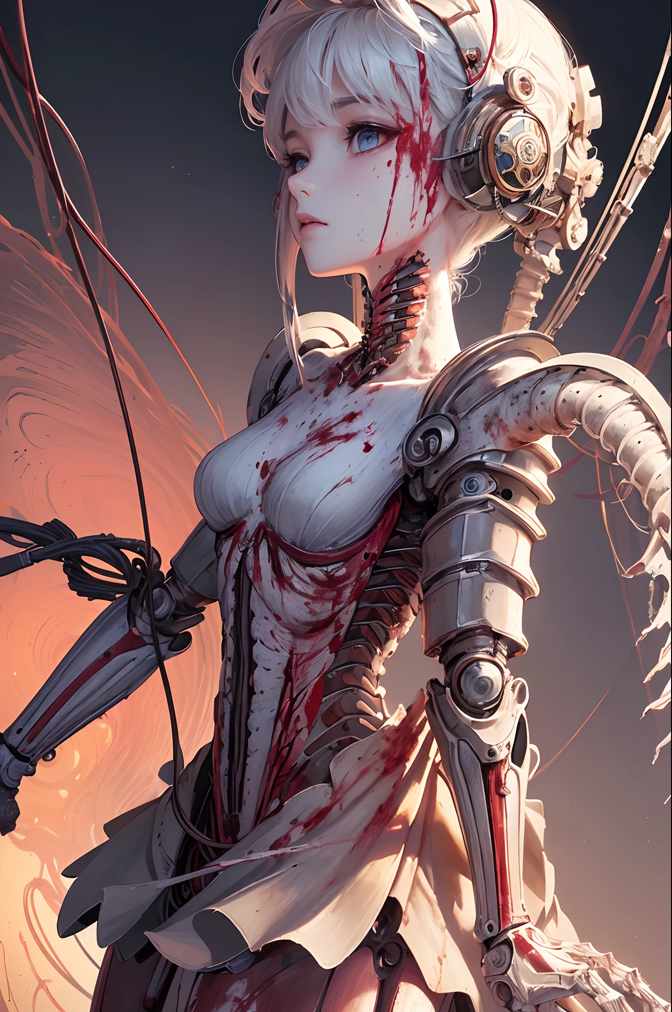 (masterpiece, top quality, best quality, official art, beautiful and aesthetic:1.2), (1girl:1.3), extreme detailed,colorful,highest detailed ((ultra-detailed)), (highly detailed CG illustration), ((an extremely delicate and beautiful)),(from side),cinematic light,((1mechanical girl)),solo,full body,(machine made joints:1.2),((machanical limbs)),(blood vessels connected to tubes),(mechanical vertebra attaching to back),((mechanical cervial attaching to neck)),(sitting),expressionless,(wires and cables attaching to neck:1.2),(wires and cables on head:1.2)(character focus),science fiction,white background,(blood:1.5)