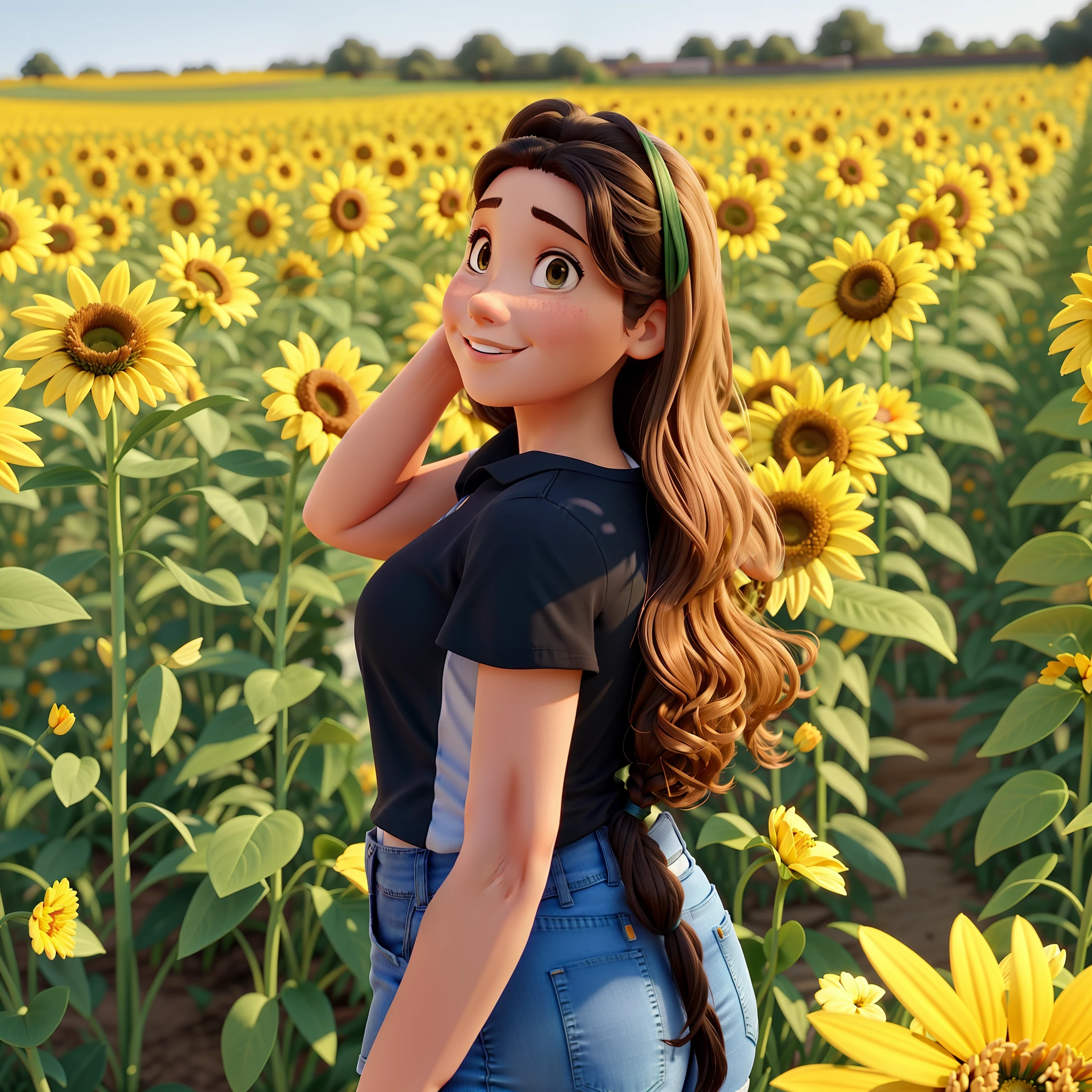 Generate a Pixar 3D Animation Image.
A imagem mostra uma jovem mulher posando em um campo de girasol, with a cheerful expression and smile. Her hair is long and wavy, And she's wearing a shaggy hairstyle. Tem uma testa um pouco grade e seu rosto e um pouco comprido. He stood with one hand behind his head looking to the sides. The woman is dressed in a black top and jeans, And she's posing with a bolder stance.. sem campo, There are many yellow flowers, criando um ambiente alegre e colorido.