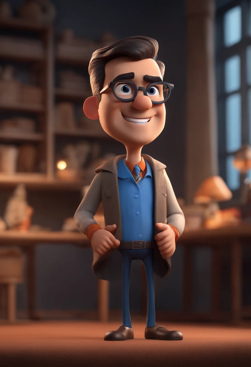 Cartoon character of a man with black glasses and a blue shirt, cabelos grisalhos curto, barba curta e grisalha, animation character, Caractere estilizado, animation style rendering, 3D estilizado, Arnold Maya render, 3 d render stylized, toon render keyshot, Personagem 3D, Personagem 3D, 3d rendering stylized, 3 d character render, personagem de desenho animado, Personagem de close up, Pose de personagem,  (Estilo Pixar) (master part:1.2) (Bokeh) (best quality) (pele detalhada) (textura detalhada) (8k) (argila) (Cinematic lighting) (foco nítido