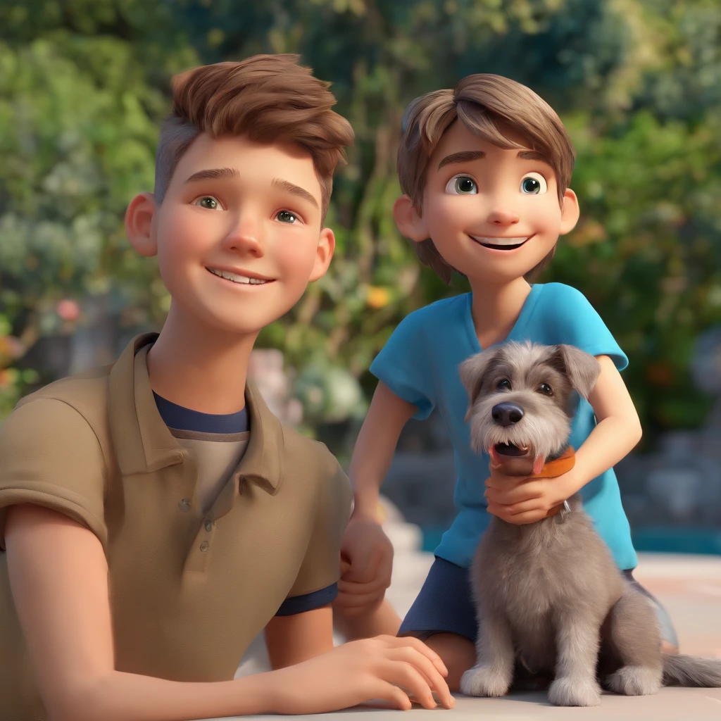 Lucas is a smiling -yeld hu boy, com seu fiel amigo, Bolt, o cachorro schnauzer, deitados no jardim