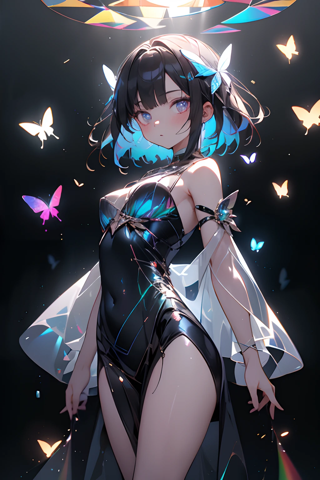 masterpiece, best quality,highres, 1girl, look_at_viewer, tall, perfect stature, liuli, bangs, chromatic dispersion, tansparent_plastic, Polychromatic prism effect, iridescence/opalescence, glowing colors, aluminum foil, Glowing ambiance,, moonlight, stars in the eyes, butterfly style, iridescence, coloured glaze, Polychromatic prism effect, rainbowcore, iridescence/opalescence, see_through, aluminum foil, glowing ambiance, beautiful dress