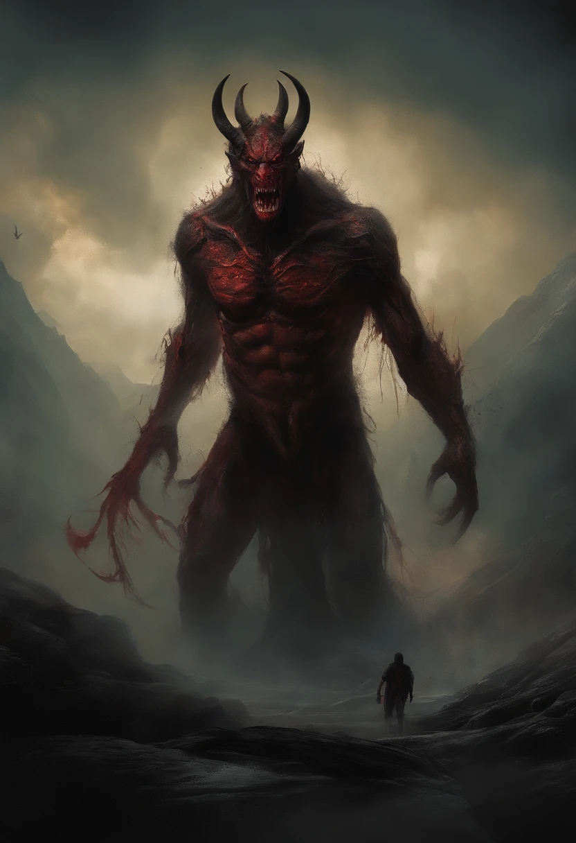 The sexy and girl loves the giant demon (art inspired in Bill Sienkiewicz). oil painting)