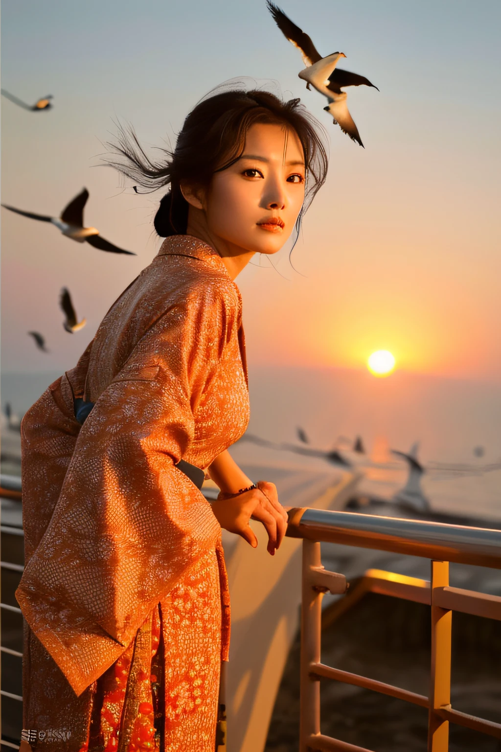 (masterpiece、high-level image quality、hightquality)、(Migratory birds of the steppes)、Sunset、Leaving Nankoku Tosa、(Beautiful and realistic Japan people:1.4,in her 20s)、young Japanese actress、