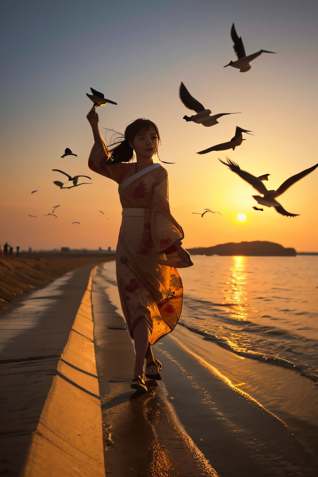 (​masterpiece、high-level image quality、hightquality)、(Migratory birds of the steppes)、Sunset、Leaving Nankoku Tosa、(Beautiful and realistic Japan people:1.4,in her 20s)、young Japanese actress、