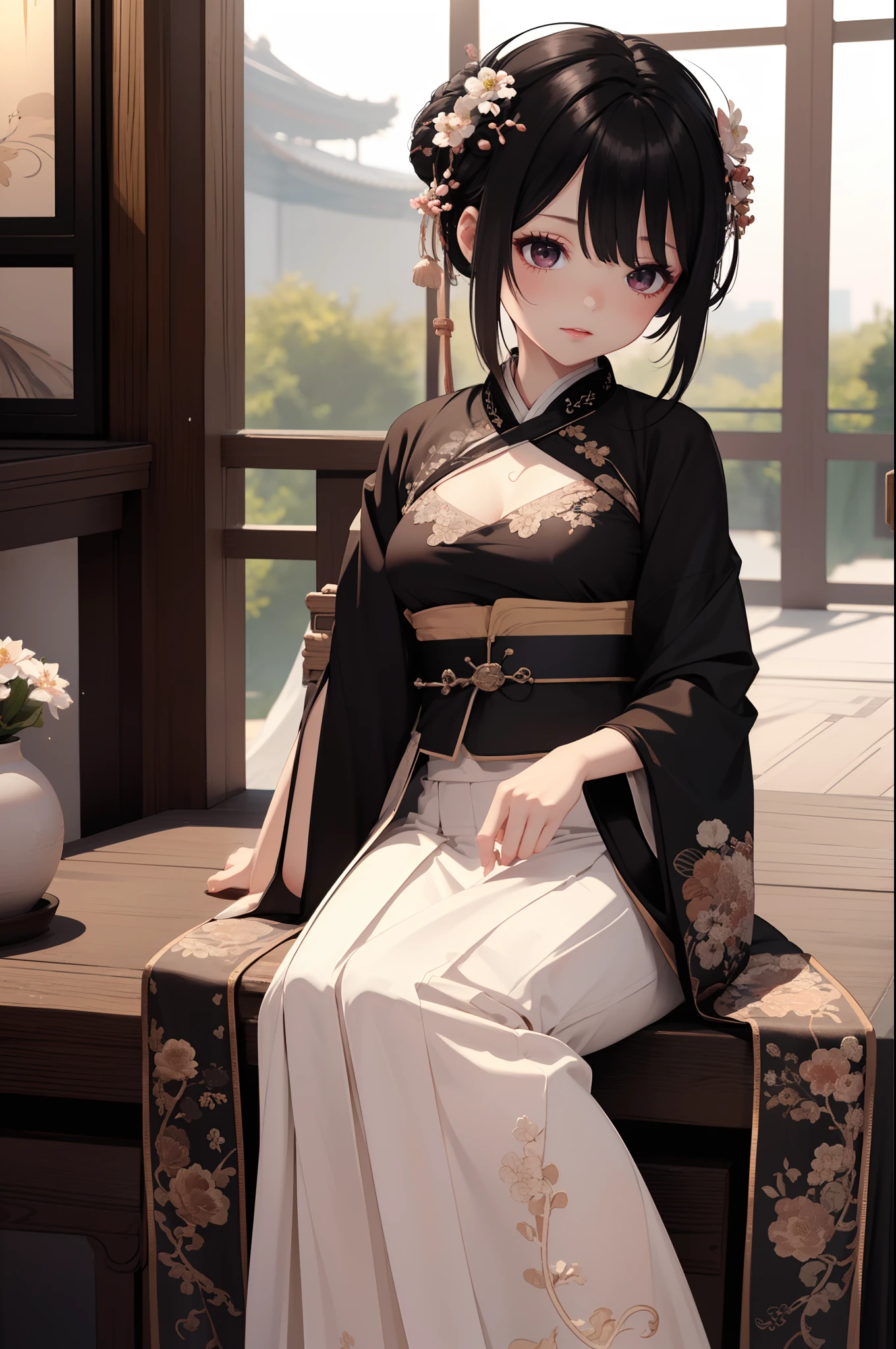 ((Best quality)), ((Masterpiece)), ((Ultra-detailed)), (illustration), (Detailed light), (An extremely delicate and beautiful),A charming young girl,Dramatic perspective,(((Hanfu long skirt))),Short black hair,