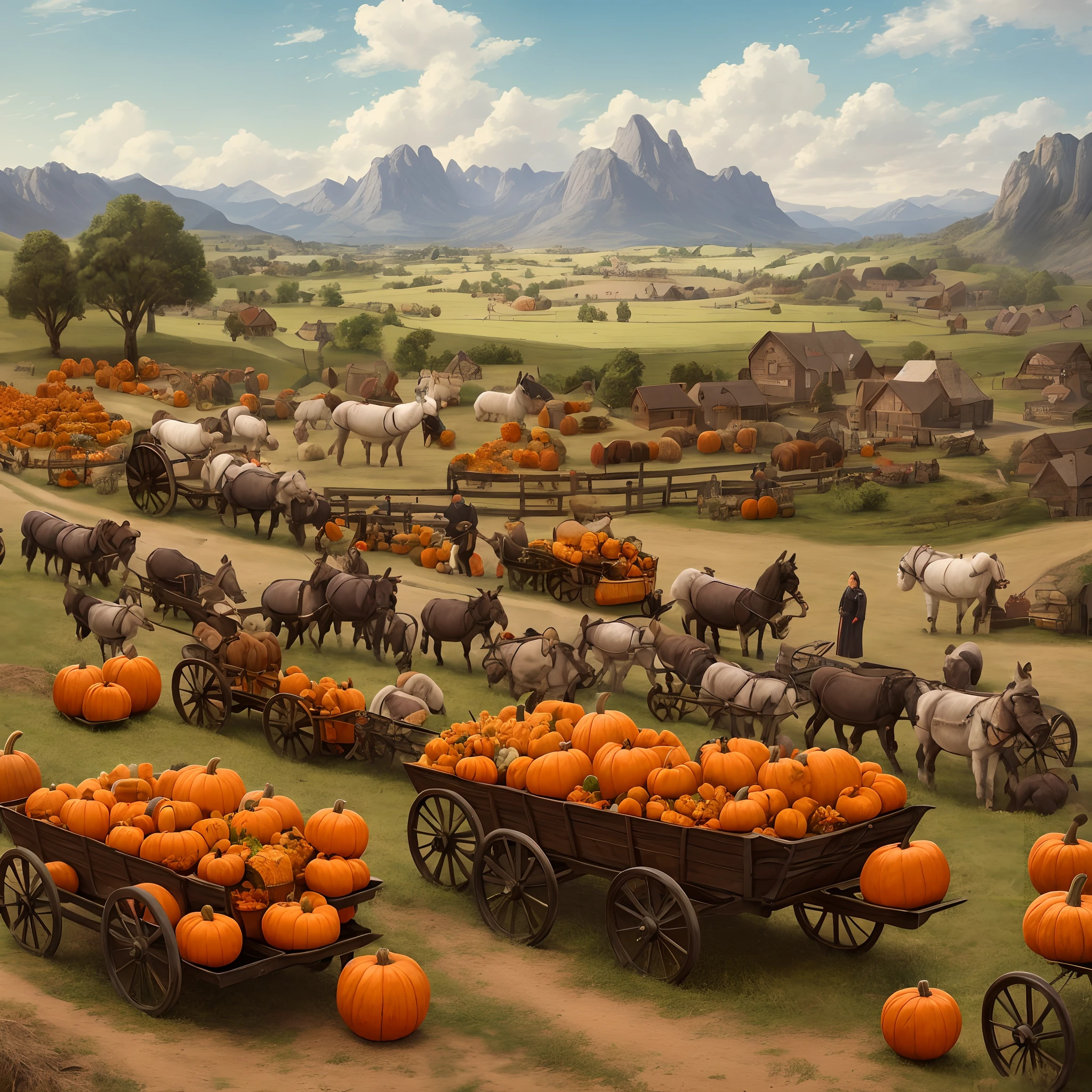 Image of a cart full of pumpkins pulled by donkeys , ,In very high resolution 4k on the background of the landscape there is a written panel (Fazuele) All in high quality with lots of details on the donkeys and wagon.