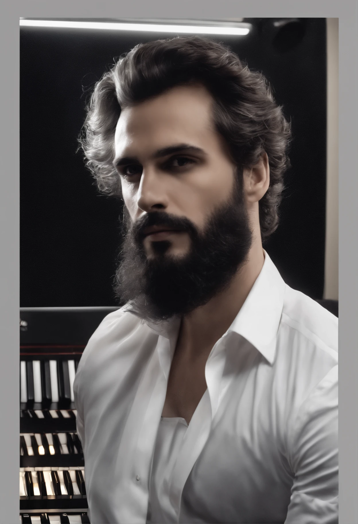 Homen 32 anos, cabelos preto liso,barba a fazer , branco,medium size, magro, In a studio playing keyboards