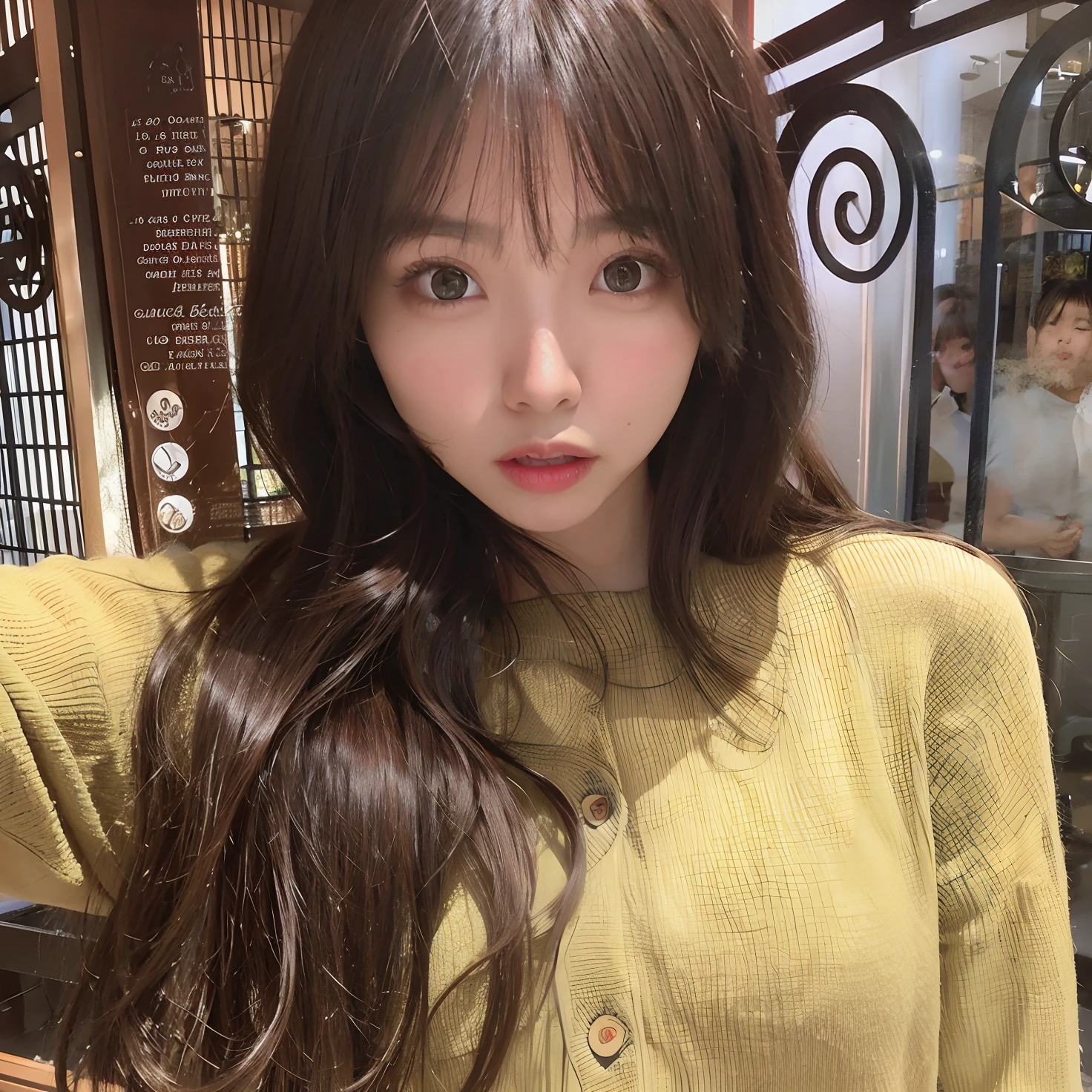 Araffe Asian woman with long brown hair and green sweater, ulzzang, con flequillo, Lalisa Manobal, Cabello limpio con flequillo, con flequillo completo, Pelo largo con flequillo, brown long hair with bangs, Cabello largo con flequillo completo, auburn hair with bangs, brown hair and bangs, Jaeyeon Nam, Flequillo partido en el centro, brown bangs
