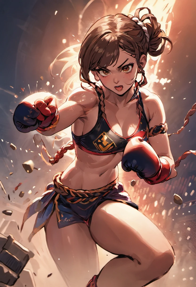 A woman muay thai fighter, with gloves on her hands, brown hair with a braid in her hair, fighting with superheroes coming out of power.