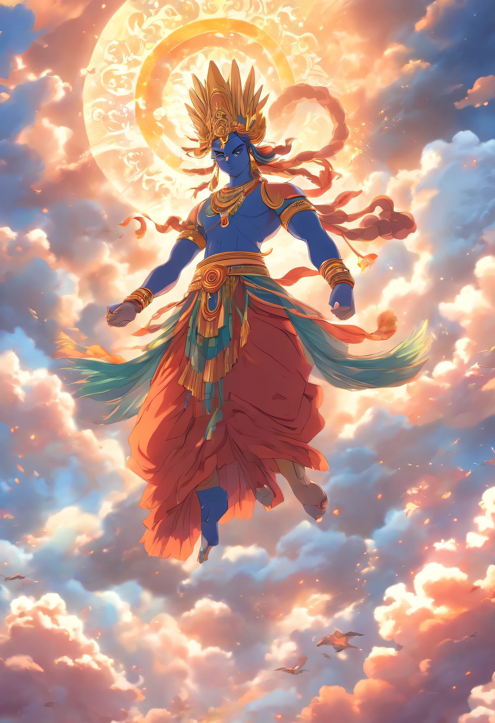 (((Vayu))) best quality, ultra-high resolution, 4K detailed CG, masterpiece,Hindu God,man, Riding on an antelope, Hindu mythology, ((clouds)), Hindu image, aesthetic, screen-centric, full body