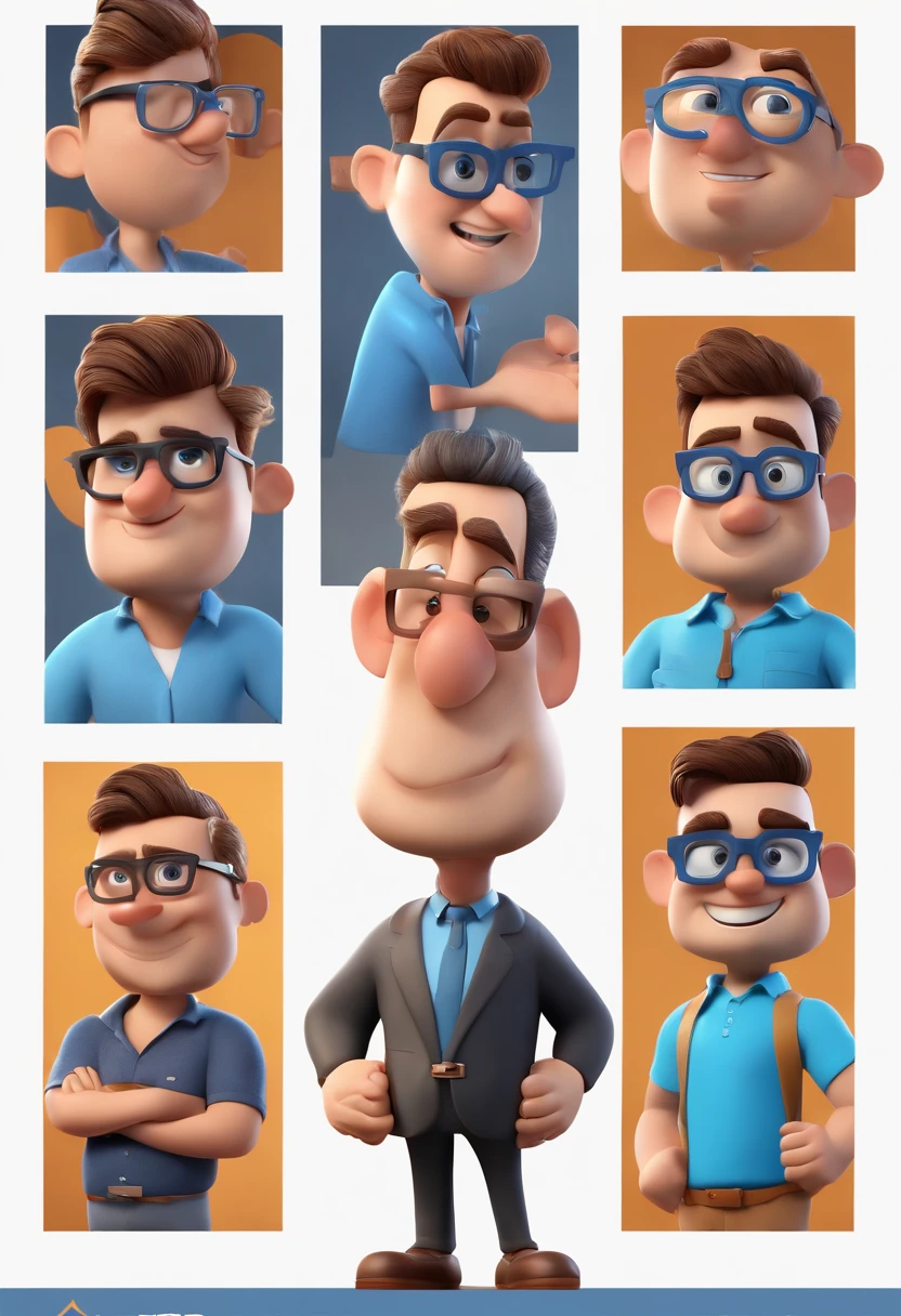 Cartoon character of a man with black glasses and a blue shirt, animation character, Caractere estilizado, animation style rendering, 3D estilizado, Arnold Maya render, 3 d render stylized, toon render keyshot, Personagem 3D, Personagem 3D, 3d rendering stylized, 3 d character render, personagem de desenho animado, Personagem de close up, Pose de personagem,  (Estilo Pixar) (master part:1.2) (Bokeh) (best quality) (pele detalhada) (textura detalhada) (8k) (argila) (Cinematic lighting) (foco nítido