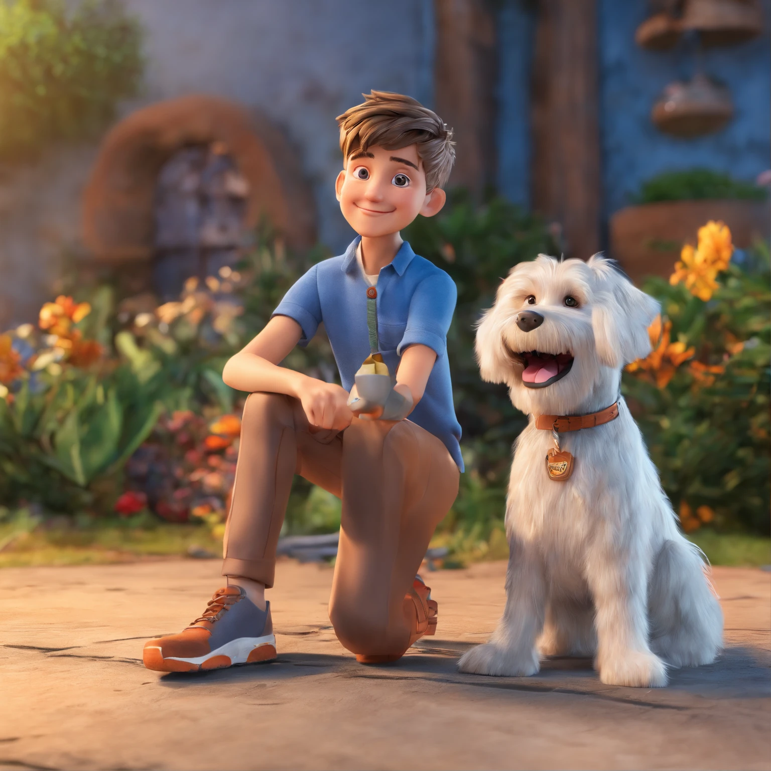 Lucas is a smiling 15-year-old human boy, com seu fiel amigo, Bolt, o cachorro schnauzer, deitados no jardim