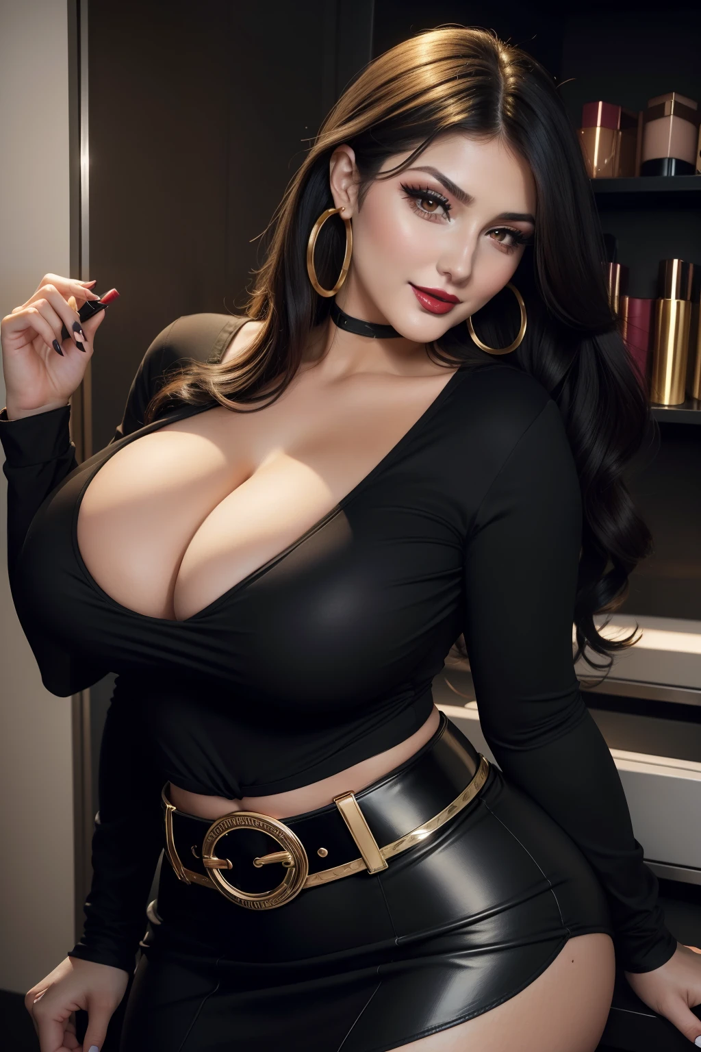 Lucy Pinder, Face portrait, Pretty face, ((voluptuous woman)), smiling, cleavage, black hair, straight hair, Long hair, Hoop earrings,((very intense makeup)), ((Bright lipstick)), ((makeup)), black long sleeve t-shirt, black skirt, belt, beautiful buttocks, back