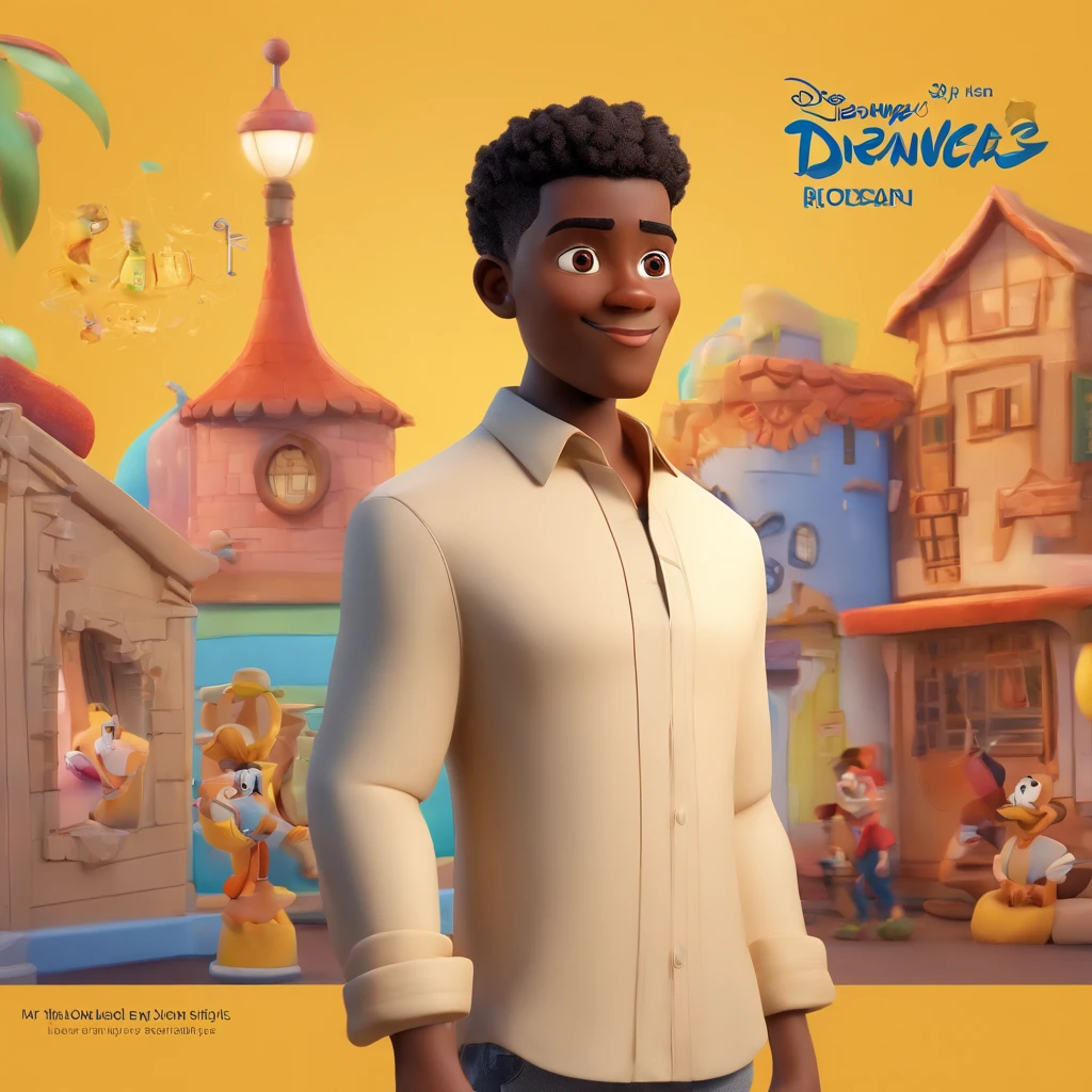 create a Disney animation-style poster of a skinny black boy, de touca amarela, casaco preto e brinco de cruz na orelha