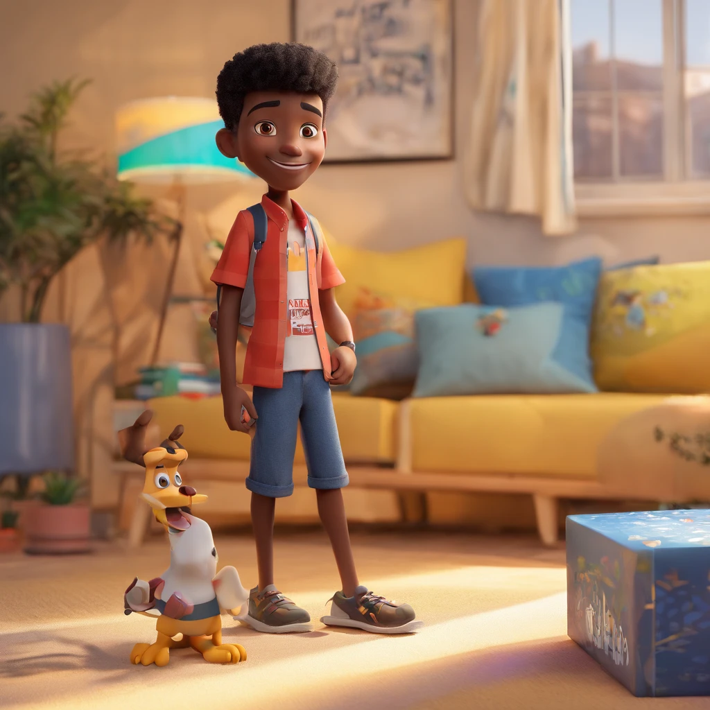 create a Disney animation-style poster of a skinny black boy, de touca amarela, casaco preto e brinco de cruz na orelha